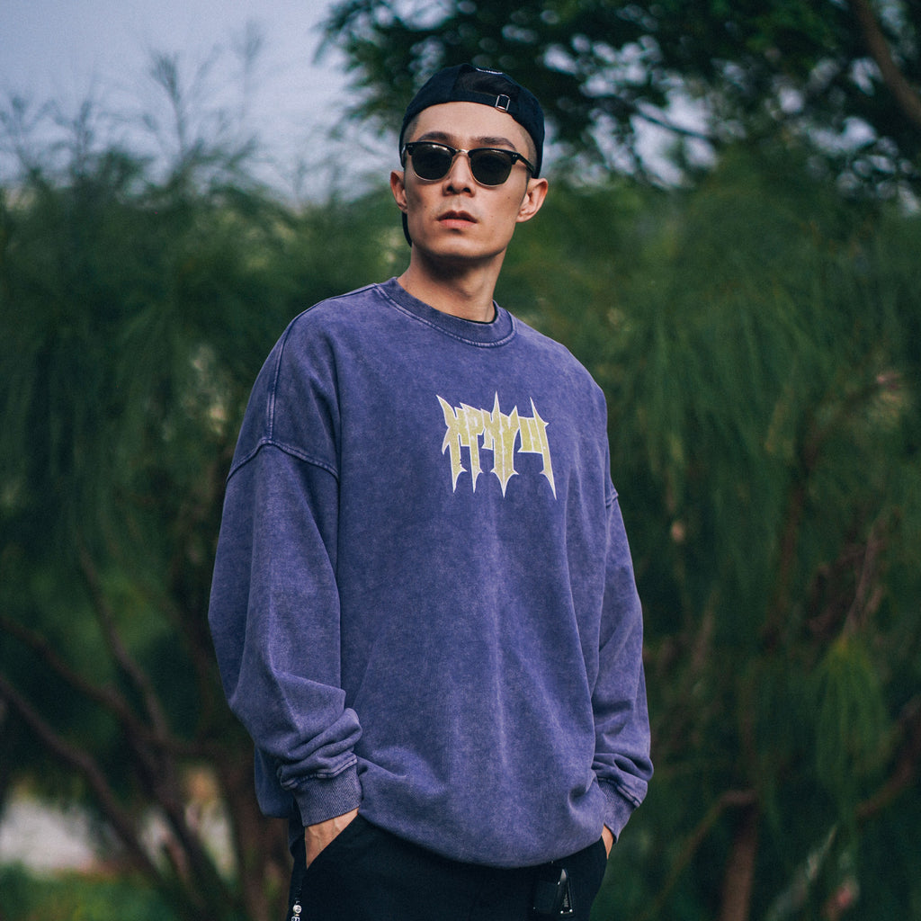 XPX CRACKED XPXVIII. PRINT WASHED PURPLE CREW NECK SWEATER