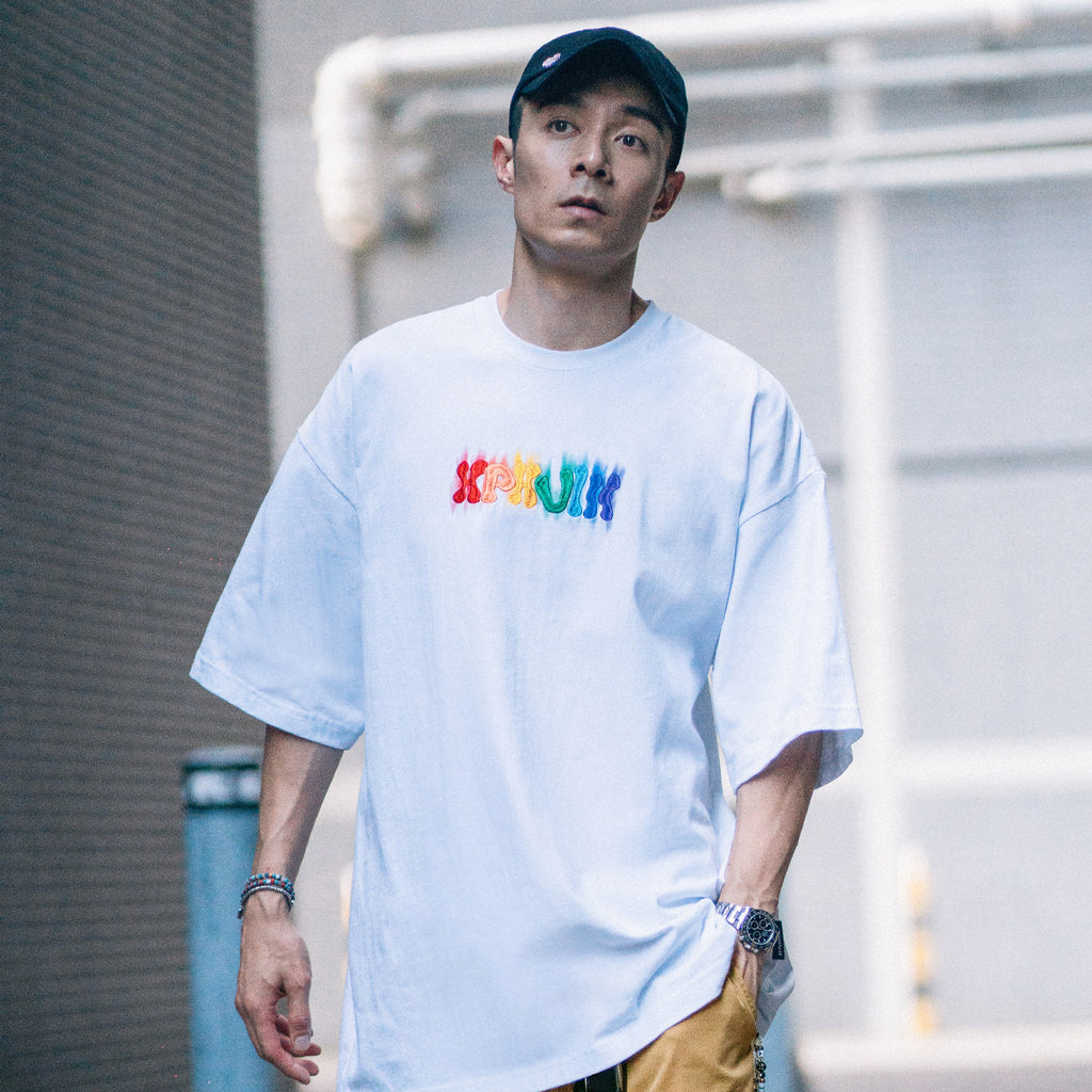 XPX STITCHED RAINBOW WORDINGS WHITE CREW NECK TEE