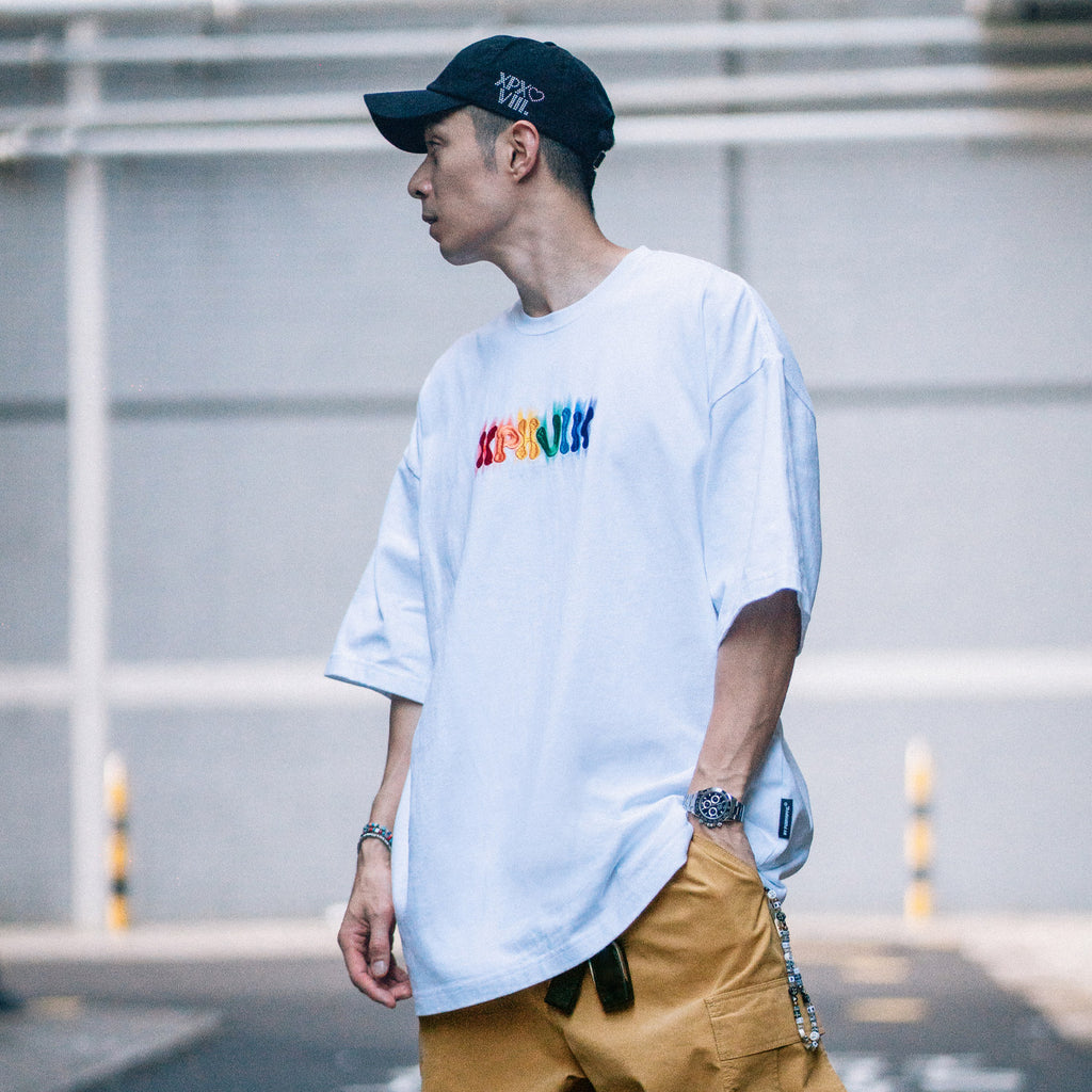 XPX STITCHED RAINBOW WORDINGS WHITE CREW NECK TEE