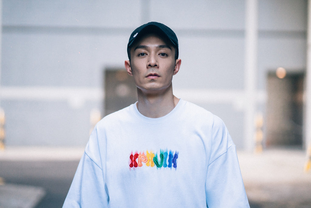 XPX STITCHED RAINBOW WORDINGS WHITE CREW NECK TEE