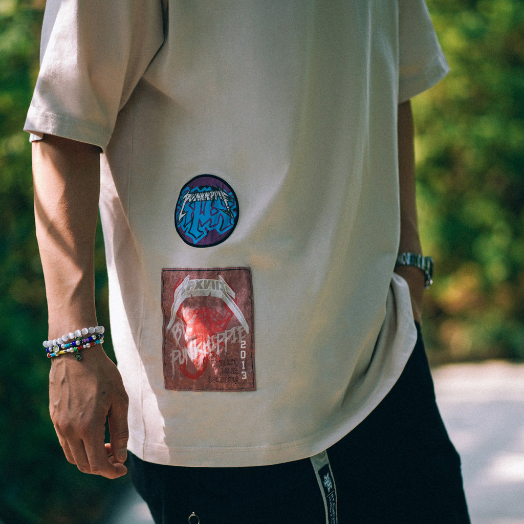 XPX BEIGE CREW NECK TEE WITH WASHED PATCHES