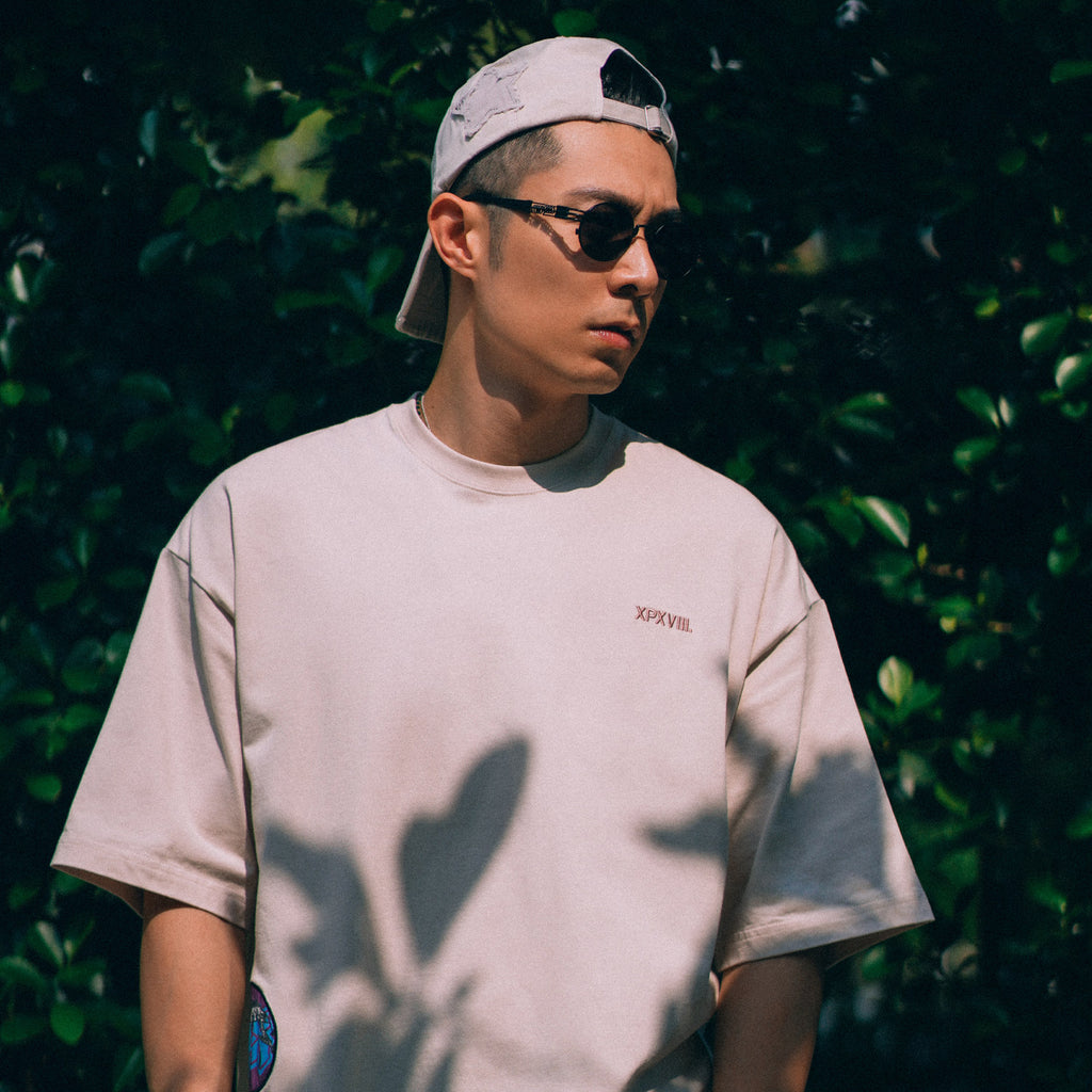XPX BEIGE CREW NECK TEE WITH WASHED PATCHES