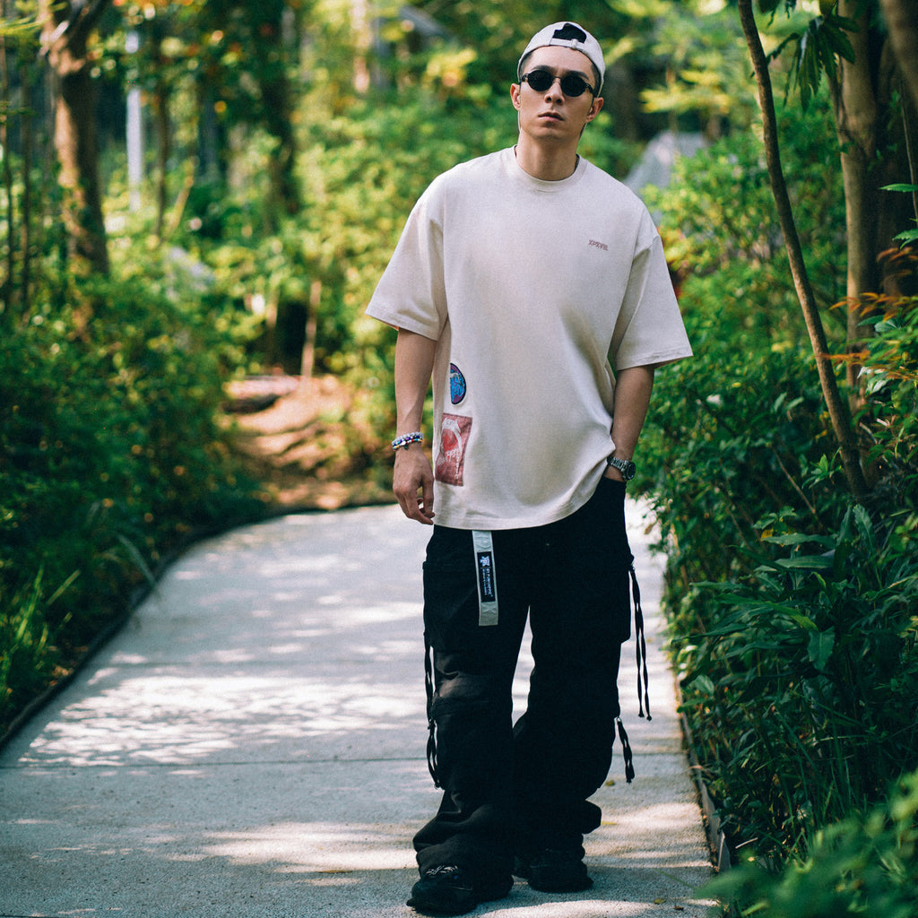 XPX BEIGE CREW NECK TEE WITH WASHED PATCHES