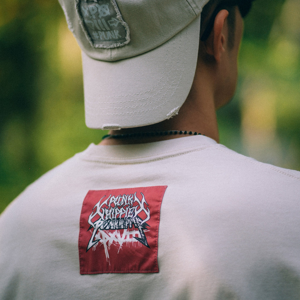 XPX BEIGE CREW NECK TEE WITH WASHED PATCHES