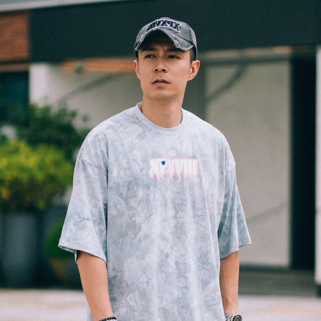 XPX DRIPPING LOGO WITH TIE DYE PRINT GREY CREW NECK TEE