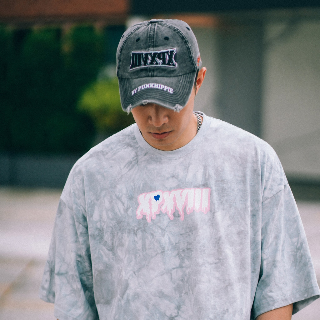 XPX DRIPPING LOGO WITH TIE DYE PRINT GREY CREW NECK TEE