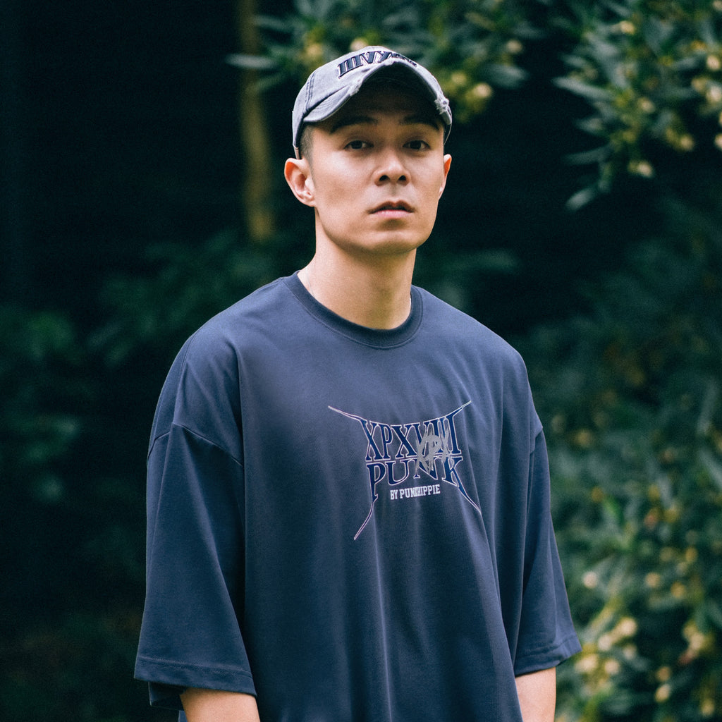 XPX DISTORED LOGO GREY BLUE CREW NECK TEE