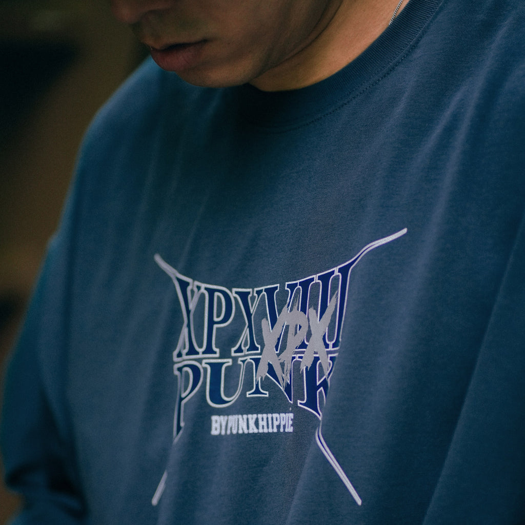 XPX DISTORED LOGO GREY BLUE CREW NECK TEE