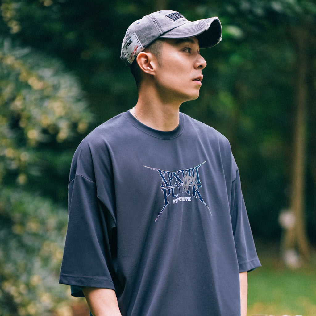 XPX DISTORED LOGO GREY BLUE CREW NECK TEE