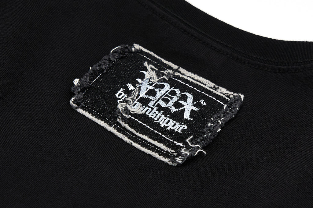 XPX DENIM EMBROIDERY PRINT BLACK CREW NECK TEE