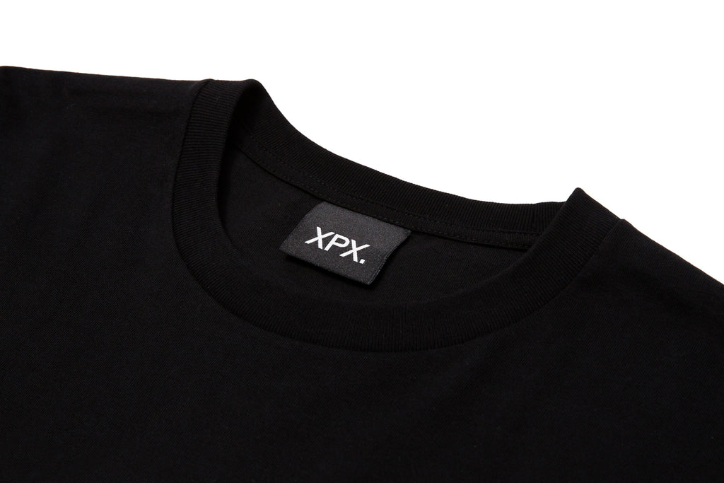 XPX DENIM EMBROIDERY PRINT BLACK CREW NECK TEE