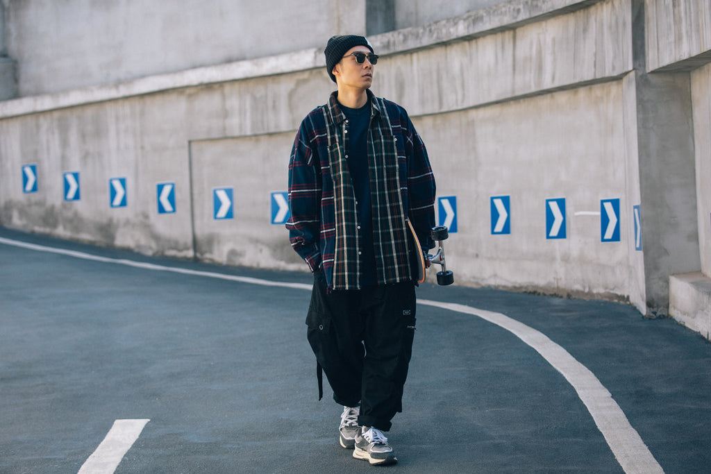 XPX PATCHED CHECKED WOOL OVERSHIRT WITH RAW EDGE SEAMS