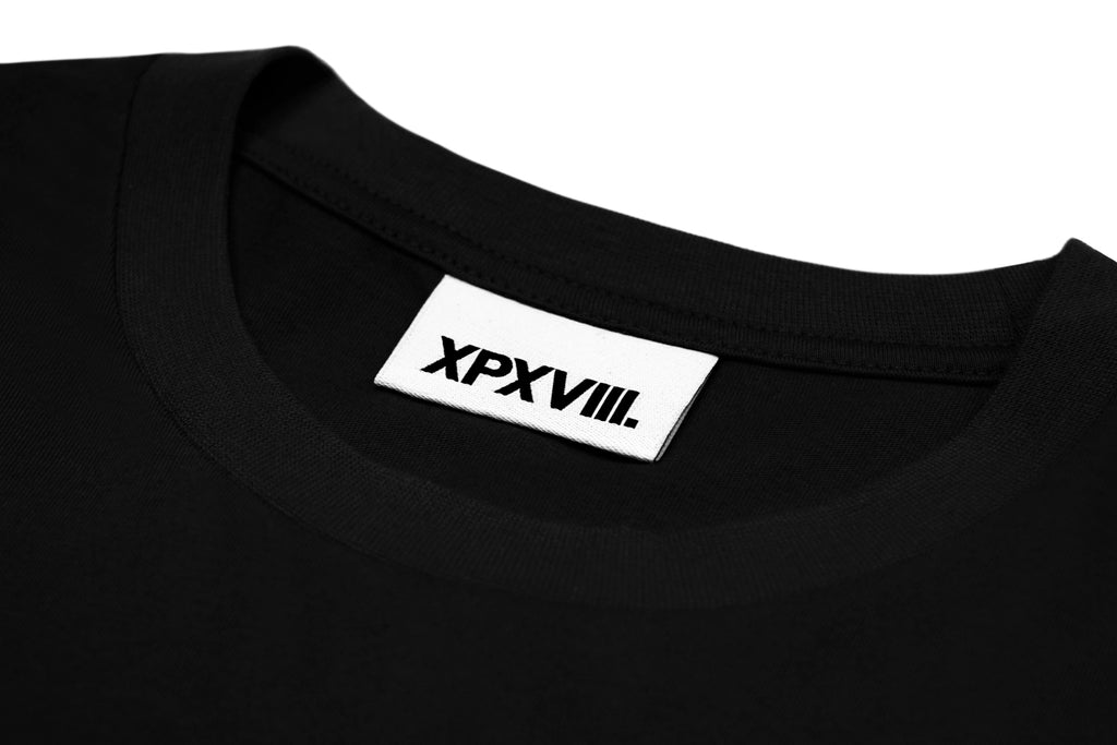 XPX STITCHED RAINBOW WORDINGS BLACK CREW NECK TEE