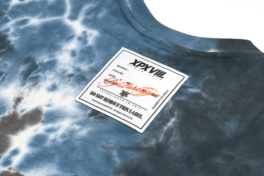 XPX DRIPPING LOGO WITH TIE DYE PRINT NAVY CREW NECK TEE