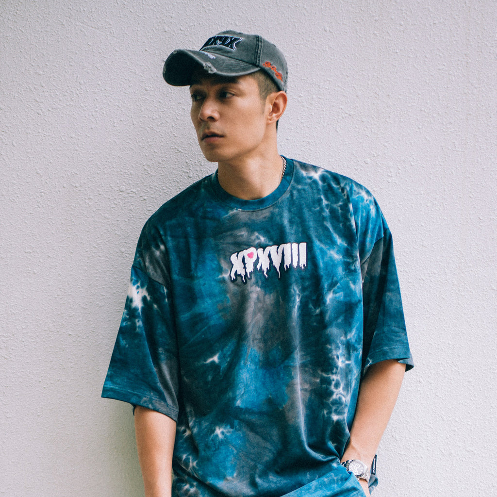 XPX DRIPPING LOGO WITH TIE DYE PRINT NAVY CREW NECK TEE