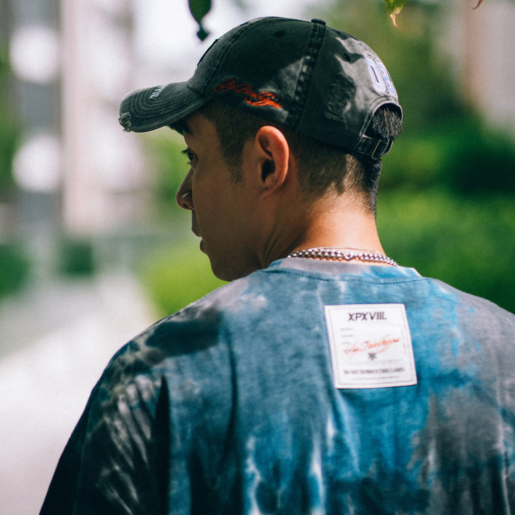 XPX DRIPPING LOGO WITH TIE DYE PRINT NAVY CREW NECK TEE