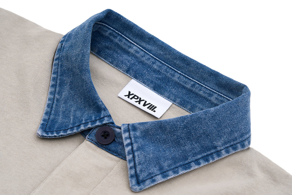 XPX DENIM COLLAR OVERSIZED POLO SHIRT IN GREY