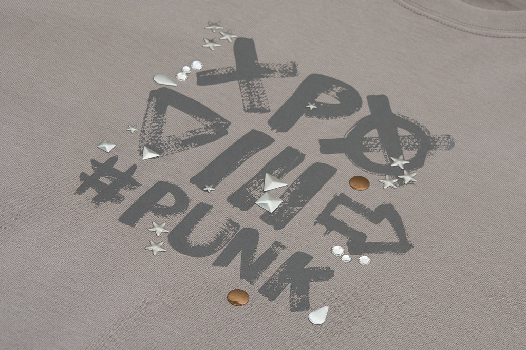 XPX XPXVIII HAND WRITE LOGO WITH METAL SEQUINS GREY CREW NECK TEE