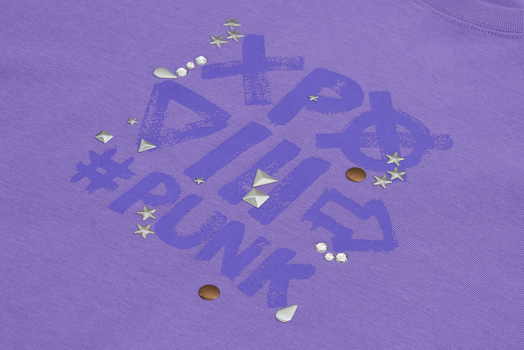 XPX XPXVIII HAND WRITE LOGO WITH METAL SEQUINS PURPLE CREW NECK TEE