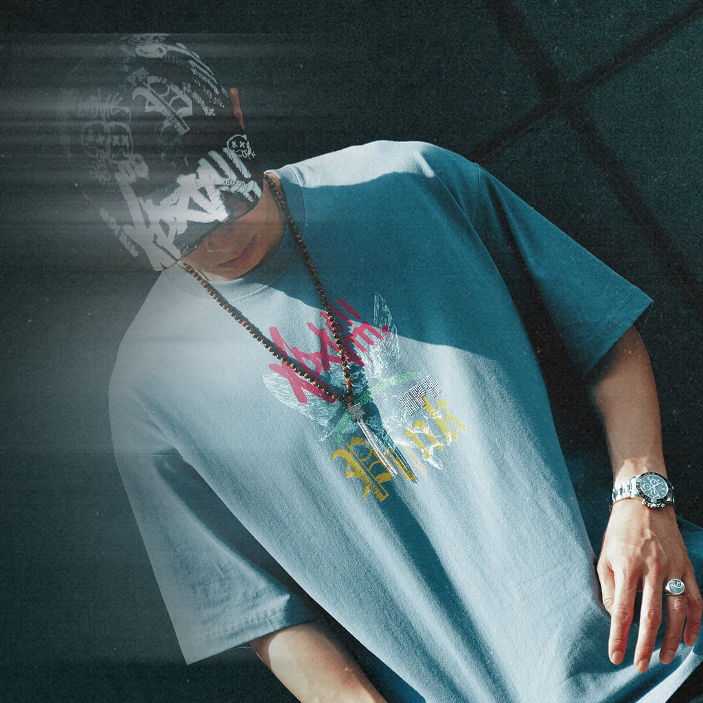 XPX VINTAGE ANGEL VPXVIII GREY BLUE CREW NECK TEE