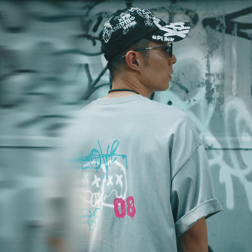 XPX XPXVIII WITH GRAFFITI STYLE SMILE FACES GREY CREW NECK TEE