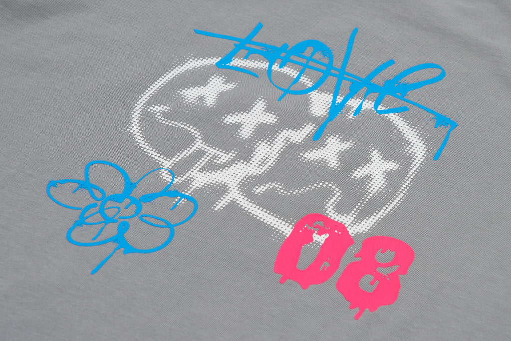 XPX XPXVIII WITH GRAFFITI STYLE SMILE FACES GREY CREW NECK TEE
