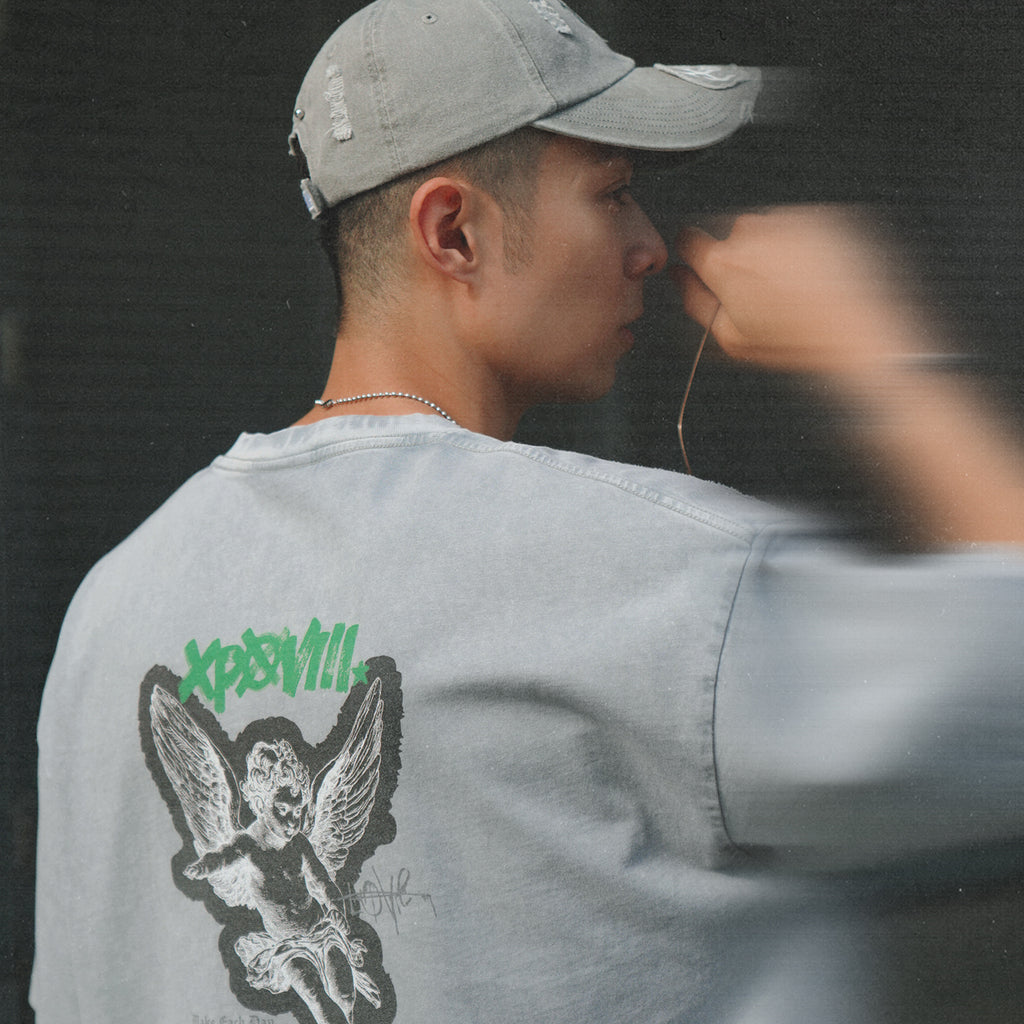 XPX LOVE XPXVIII ANGEL BACK PRINT GREY CREW NECK TEE