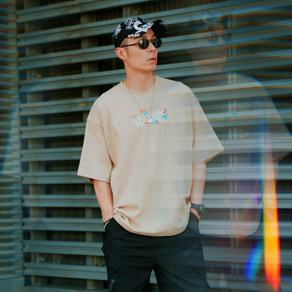 XPX EMBROIDREY WILD FLOWER CAMEL CREW NECK TEE