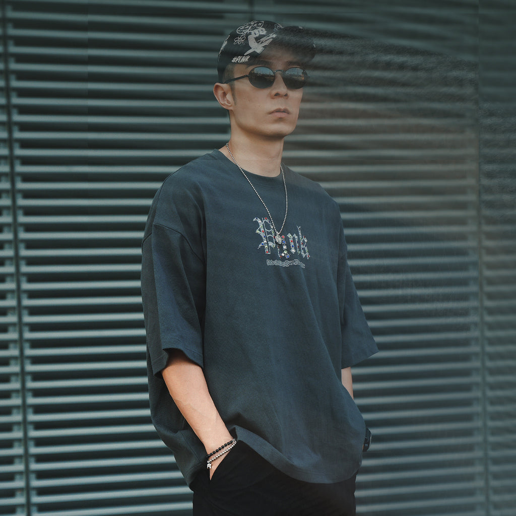 XPX PUNK WITH COLOURFUL STONES DARK GREY CREW NECK TEE