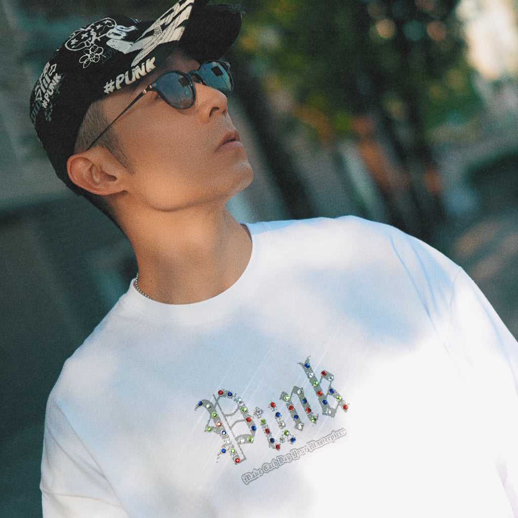 XPX PUNK WITH COLOURFUL STONES WHITE CREW NECK TEE