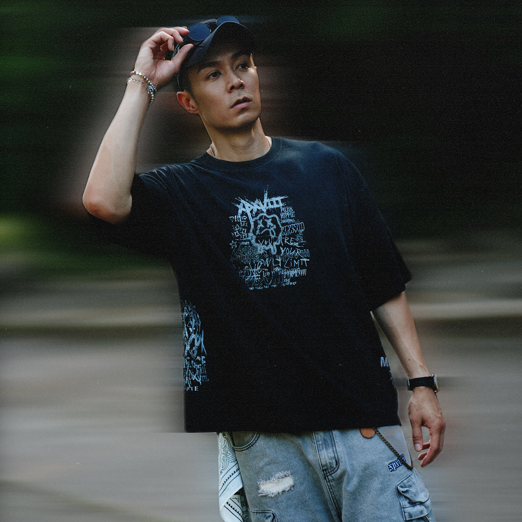XPX SILLY FACE GRAFFITI TRIO PRINTS BLACK CREW NECK TEE