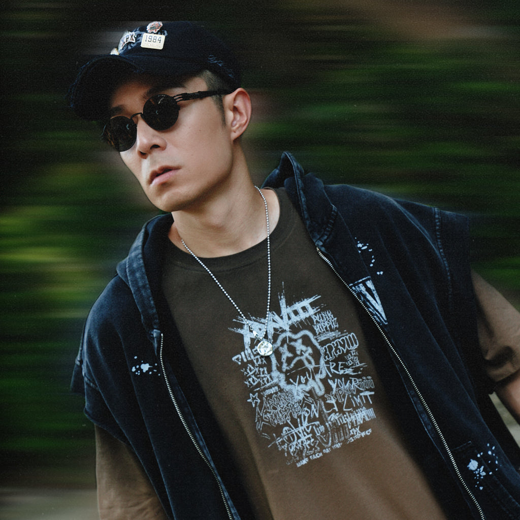 XPX SILLY FACE GRAFFITI TRIO PRINTS BROWN CREW NECK TEE