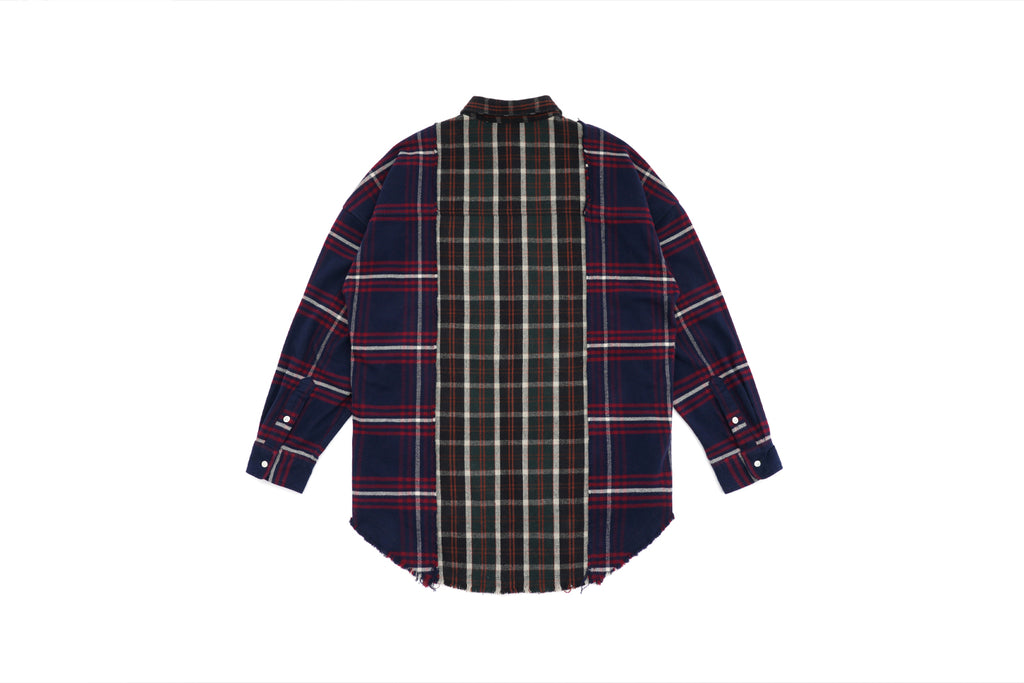 XPX PATCHED CHECKED WOOL OVERSHIRT WITH RAW EDGE SEAMS